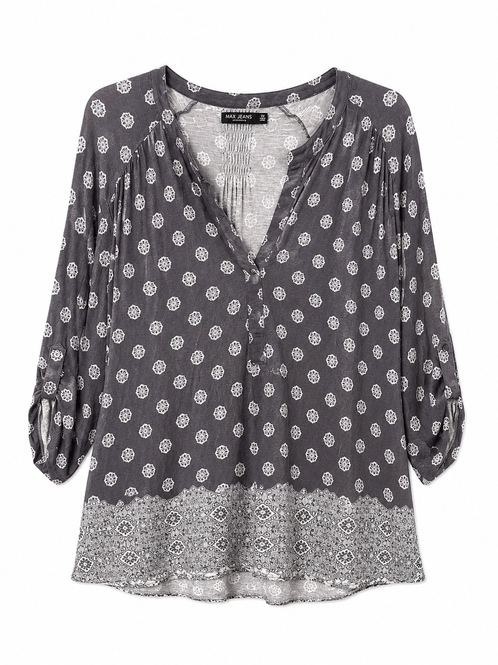 Max Jeans Charcoal Printed Split-Neck Peasant Blouse